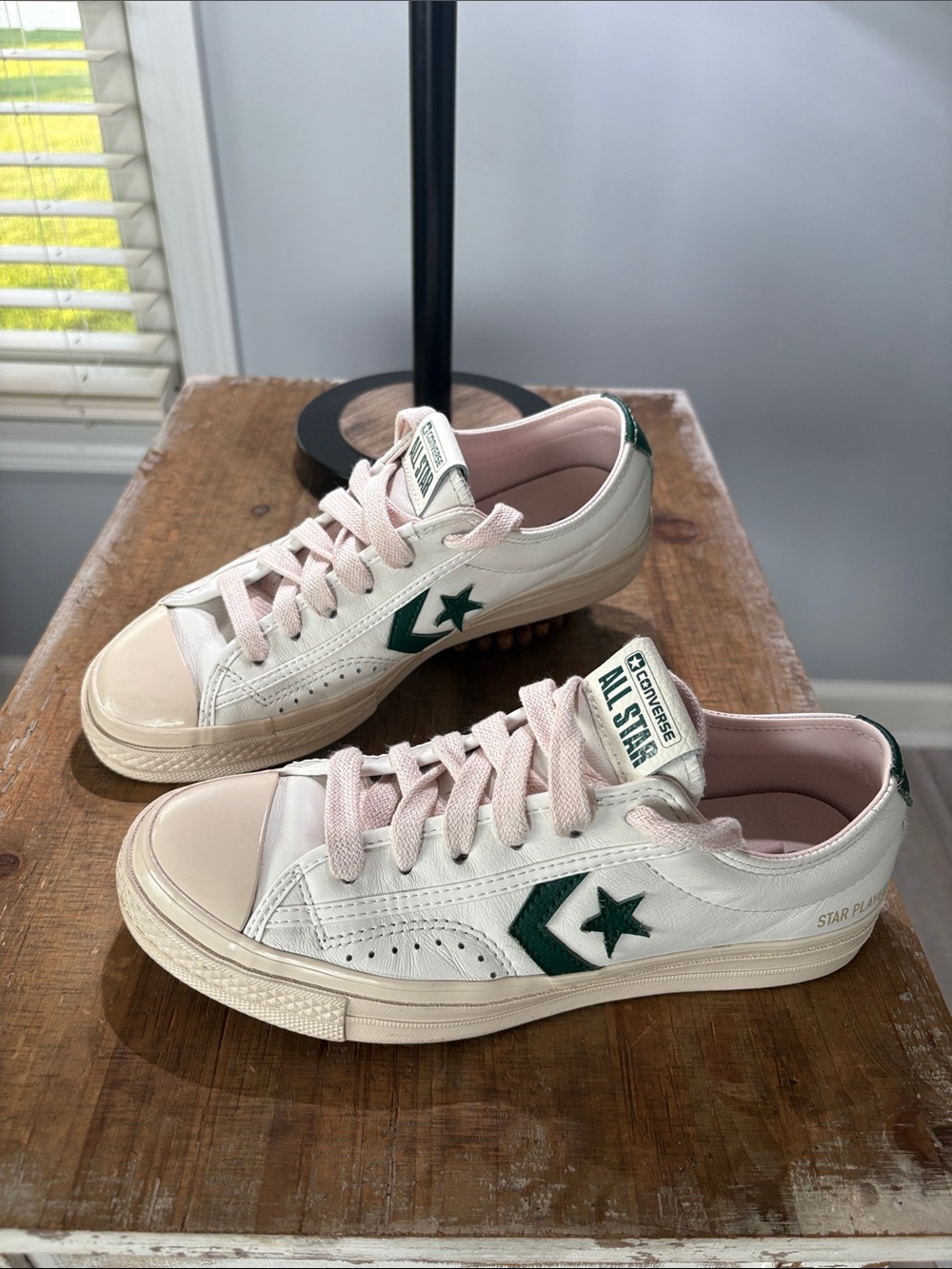 Converse Star Player Leather Sneakers in White, Pink & Green woman’s 8 Men’s 6.